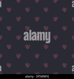Hand drawn pink hearts doodle icons seamless pattern on dark blue background. Romantic line art wallpaper vector Stock Vector
