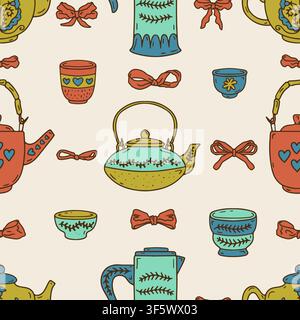Colorful tea pots and cups doodle icons seamless pattern on beige background. Cozy rustic pottery line art wallpaper vector Stock Vector