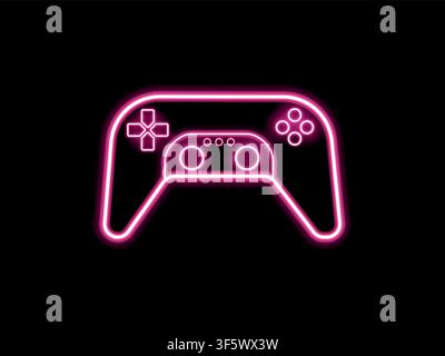 Game console symbol. Gamepad for video, 3D, VR, AR. Bright neon modern gadget on black background. Stock Vector