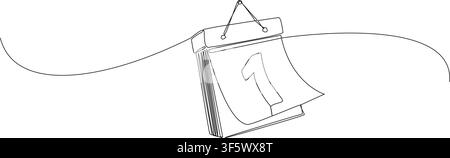 continuous line drawing of a hanging tear-off wall calendar showing first day of the month, line art vector illustration Stock Vector