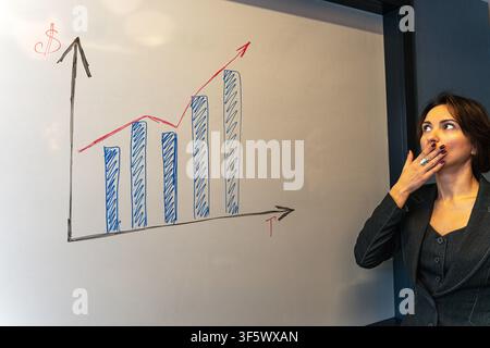 Surprised businesswoman covering mouth while analyzing growth chart at whiteboard Stock Photo