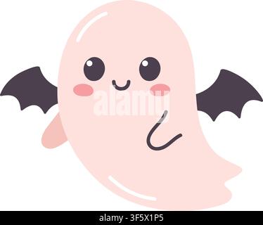 Kawaii ghost with bat wings, halloween design element. Cute naive hand drawn vector illustration. Stock Vector