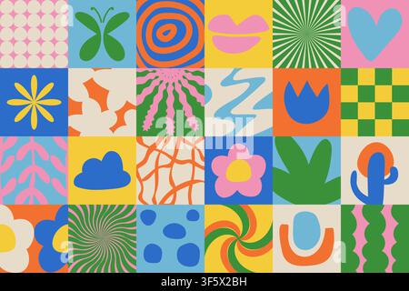Groovy 70s retro abstract geometric pattern with naive hand drawn figure, form, shapes in Bauhaus style. Modern collage vector illustration Stock Vector