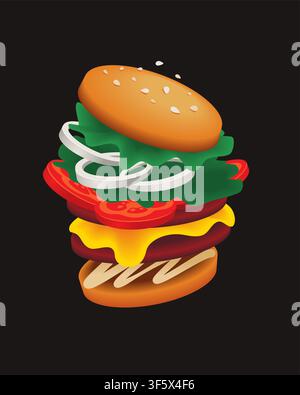 Retro exploded view burger vector illustration. Floating hamburger ingredients with cheese, onions, tomato and lettuce on black background.. Stock Vector