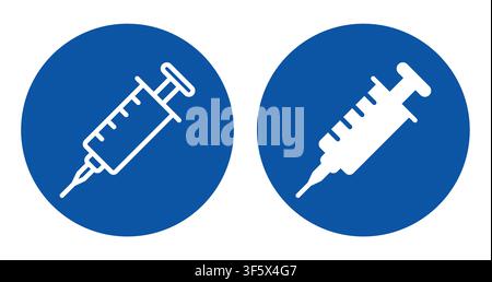 Set of two syringe icons on blue circles, one in blue and the other in white. Ideal for medical and healthcare-related projects, conveying safety and Stock Vector