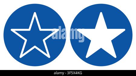 This image showcases blue circular shapes featuring star symbols in two unique designs. One has a solid star, while the other has an outlined star, pe Stock Vector