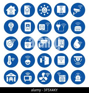 This collection of smart home icons showcases wireless technology and essential security features. Each icon represents a smart device, highlighting m Stock Vector