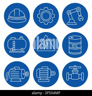 This collection features industrial icons that represent various elements in the manufacturing and energy sectors. Perfect for illustrating constructi Stock Vector