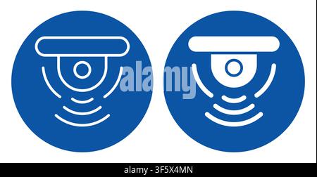 Two security camera icons on blue circular backgrounds feature signal waves. These modern designs represent surveillance technology, safety, and monit Stock Vector