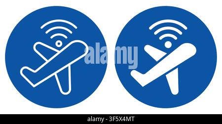 Two airplane icons featuring wireless signal symbols on a blue background. Ideal for aviation, travel, and technology themes, emphasizing connectivity Stock Vector