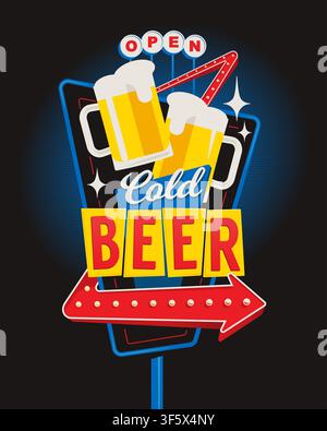 Cold beer neon sign in style of retro American road signboards. Editable vector graphics for pub or bar decoration. Stock Vector