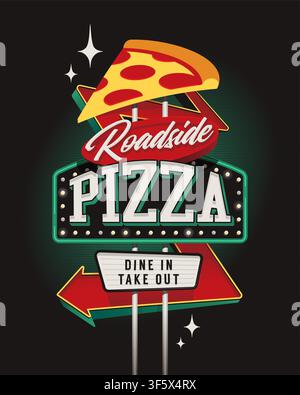 Pizzeria neon sign in style of retro 50s American motel billboards. Stylish editable vector graphics for restaurant, bistro or cafe decoration. Stock Vector