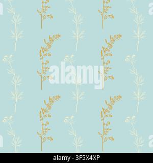 Wild meadow grass and herbal flowers hand drawn ink illustration seamless pattern in pastel blue, ocher and cream palette for minimalist nursery textile, botanical wallpaper, cosmetic packaging and s. Vector illustration Stock Vector