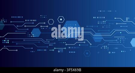 Abstract technology background with glowing circuit board lines, hexagonal shapes and digital interface. Futuristic blue vector banner for artificial Stock Vector