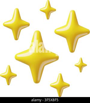 3d gold sparkle holiday magic symbol emoji with cute four pointed yellow stars isolated on white Stock Vector