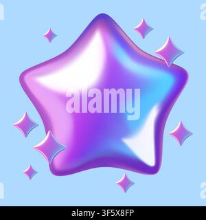 Purple 3d star with sparkles, holographic quality sticker Stock Vector