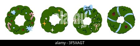 Christmas Wreath Collection with Festive Decorations, Hand Drawn Holiday Evergreen Frames Featuring Bows, Candy Canes, Bells and Winter Ornaments for Stock Vector