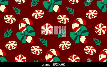 Seamless Christmas Candy Pattern with Peppermint and Ribbon Bow Hand Drawn Holiday Sweet Background for Fabric, Wrapping Paper, Textile, Seasonal Stock Vector