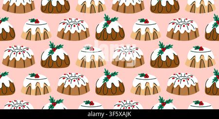 Seamless Christmas Pudding Pattern with Traditional Holiday Cakes Hand Drawn Festive Dessert Print for Wrapping Paper, Textile, Fabric, Packaging and Stock Vector