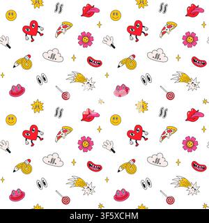 Groovy seamless funky with hearts, flowers and candy Stock Vector