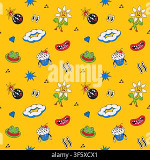 Cartoon seamless pattern with comic faces and quirky doodles on yellow background. Comic pattern with playful characters for fabric and wrapping paper Stock Vector