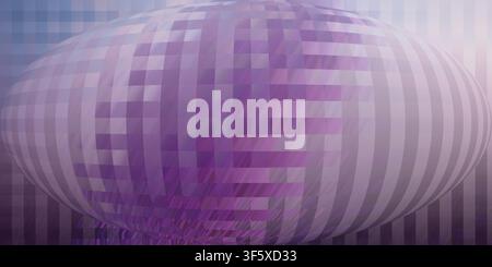 An abstract digital background featuring a central glowing sphere with a pixelated grid pattern in various shades of purple and violet. Stock Photo