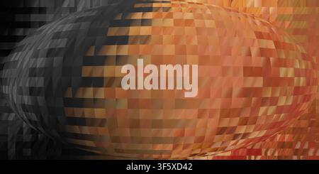 A creative abstract background featuring a central spherical distortion effect with a grid pattern transitioning from black to warm orange tones. Stock Photo