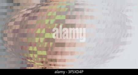An abstract digital background featuring a central spherical distortion effect with a grid-like pattern in soft pastel tones of green and pink. Stock Photo