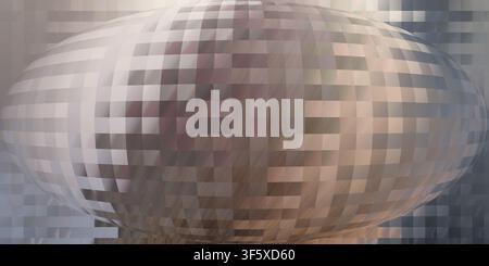 An abstract digital background featuring a central spherical distortion effect applied to a grid of square pixels with metallic and neutral color tone Stock Photo