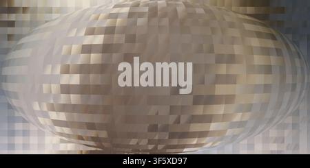 An abstract digital background featuring a central spherical distortion effect with a grid-like pattern in soft beige and warm neutral tones. Stock Photo