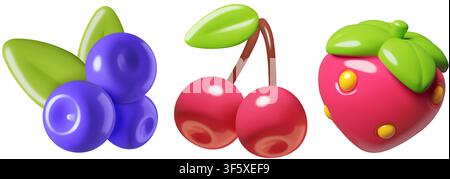 Blueberry, strawberry and cherry berry 3d cute icons set isolated on white background Stock Vector