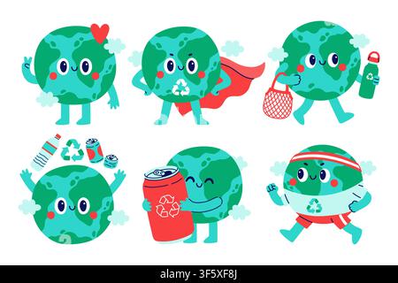 Cute Earth globe mascot character set promoting recycling eco friendly habits zero waste and save the planet concept. Cute doodle vector illustration Stock Vector