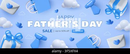3d Father Day sale banner with cute ties, gifts and hearts on blue background Stock Vector