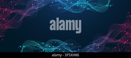 Abstract blue technology background with glowing circuit line pattern. Futuristic vector motherboard texture elements and digital data flow. Modern Stock Vector