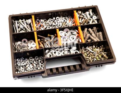 Black and orange box organizer for the screws, dowels, self-tapping screws and washers isolated on white Stock Photo