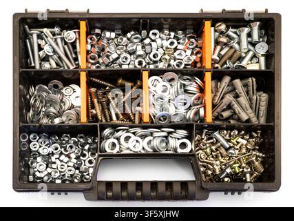 Black and orange box organizer for the screws, dowels, self-tapping screws and washers isolated on white Stock Photo