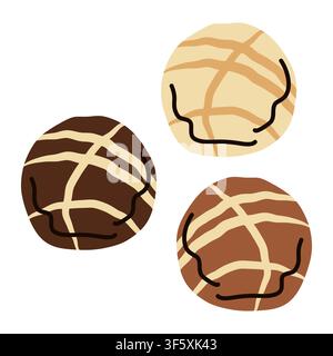 Chocolate truffles with drizzle, round pralines candy. Hand drawn vector illustration of white, dark and milk chocolate round balls with glaze stripes Stock Vector