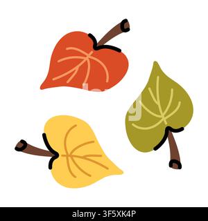 Linden leaf vector set isolated on white background. Autumn hand drawn foliage elements in red, yellow and green Stock Vector