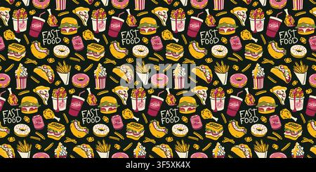 Fast food seamless pattern hand drawn vector on black background for packaging design Stock Vector