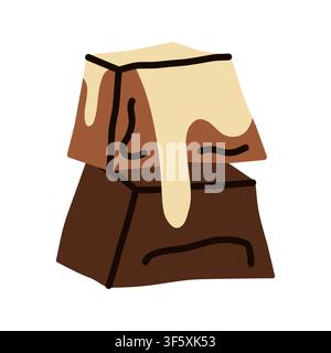 Milk and dark chocolate cubes with melted white chocolate sauce dripping down. Stacked chocolate pieces with sweet vanilla glaze cream drop Stock Vector