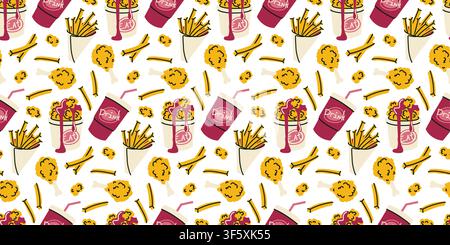 French fries and fried chicken seamless pattern hand drawn vector Stock Vector
