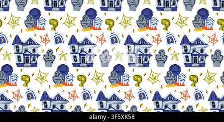 Haunted house and tombstone doodle vector seamless pattern for spooky Halloween packaging Stock Vector