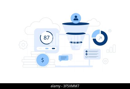 Lead qualification score with predictive lead analysis, sales readiness assessment, CRM prioritization. Conversion potential and pipeline optimization for smarter sales decisions vector illustration. Stock Vector