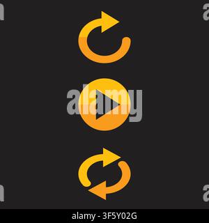 Yellow Arrow Play and Refresh Icons Set Isolated on Black Background Modern Circular Repeat Reload Navigation Symbol for Media Web App UI Design Graph Stock Vector
