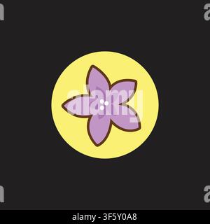 Cute Purple Five Petal Flower Icon in a Yellow Circle on Dark Background, Simple Floral Symbol for Nature, Spring, Gardening, Decoration and Modern Gr Stock Vector