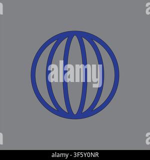 Minimal Blue Globe Icon with Vertical Curved Lines on Gray Background, Global Network Symbol for Internet, Technology, Communication, Web and Digital Stock Vector
