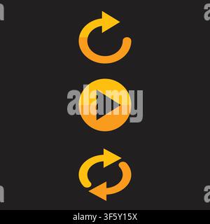 Orange Yellow Media Control Icons Set Featuring Circular Play Button Refresh Arrow and Repeat Loop Symbols on Dark Background for Web UI Vector Graphi Stock Vector