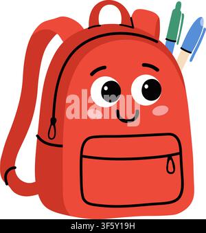 Groovy cartoon school backpack with happy smiling face. Hand drawn design element, trendy vector illustration Stock Vector