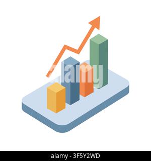 Isometric Business Growth Bar Chart with Upward Arrow Symbolizing Financial Success and Data Analysis white background isolated Stock Vector