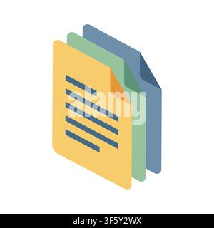 Isometric Stack of Three Colorful Document Icons Representing Files and Paperwork white background isolated Stock Vector